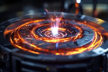 Poster - Spiraling energy pattern in a futuristic circular device at night