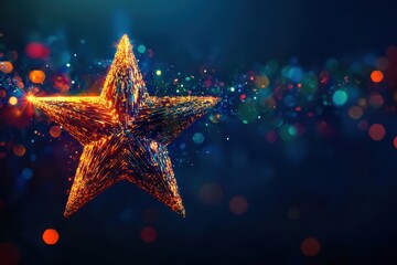 Poster - Bright star made of glowing light particles against a dark blue background