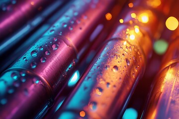 Poster - Close up of metallic tubes with water droplets illuminated by vibrant neon colors and bokeh effect
