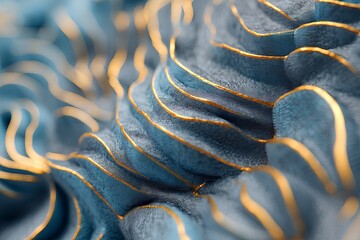 Poster - Close up of textured blue fabric with gold accents forming abstract wavy patterns and soft blurred edges