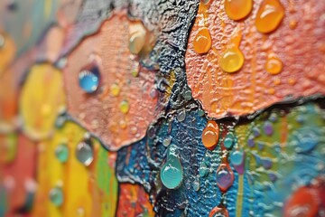 Poster - Close up of vibrant abstract painting with water droplets and textured surface detail showing bright colors