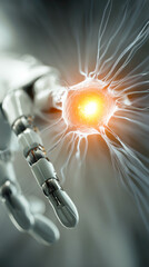 Poster - Robotic hand reaches for glowing neural network core in high tech laboratory environment