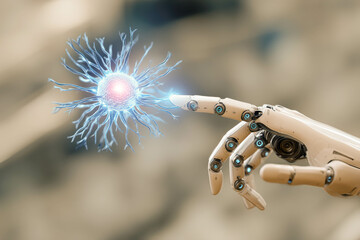 Poster - Robotic hand interacts with glowing neural network core in high tech lab environment