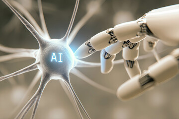 Poster - Robotic hand interacts with glowing neural network core in advanced lab environment