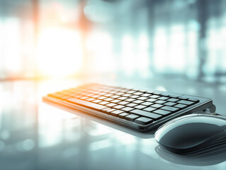 Aufkleber - Minimalist desk setup with wireless keyboard and mouse surrounded by greenery and natural light