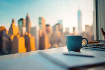 Poster - Stylish corner desk setup with city view and coffee mug in bright morning light