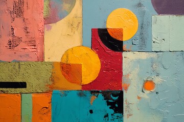 Poster - Abstract painting featuring geometric shapes and a textured surface with vibrant colors and bold contrasts