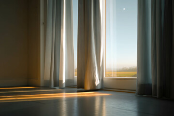 Poster - Starry night sky view with moonlight illuminating the room through partially opened curtains