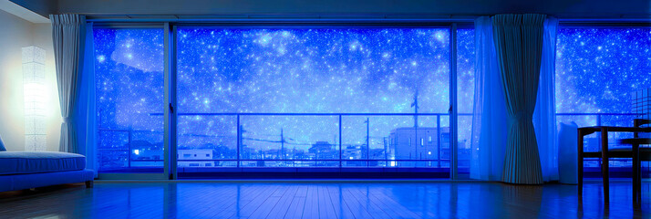 Poster - Starry night view from a cozy room with curtains drawn and moonlight illuminating the floor