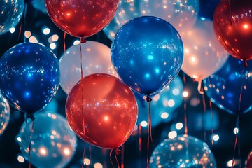 Poster - A festive display of red white and blue balloons with bokeh lights in the background creating a party vibe