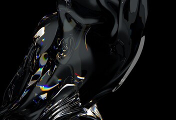 Aufkleber - 3D illustration features a distorted, glass-like or chrome human face merging with fluid-like waves, creating a dynamic and abstract visual in a reflective style.