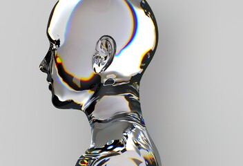 Poster - 3D illustration of a transparent, glass-like human head with colorful light reflections, showcasing smooth contours and vibrant hues.