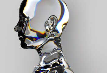 Aufkleber - 3D illustration of a transparent, glass-like human head with colorful light reflections, showcasing smooth contours and vibrant hues.