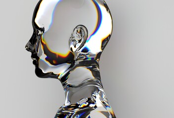 Aufkleber - 3D illustration of a transparent, glass-like human head with colorful light reflections, showcasing smooth contours and vibrant hues.
