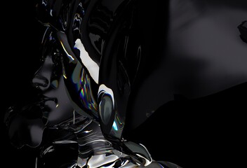 Aufkleber - 3D illustration features a distorted, glass-like or chrome human face merging with fluid-like waves, creating a dynamic and abstract visual in a reflective style.