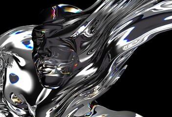 Poster - 3D illustration features a distorted, glass-like or chrome human face merging with fluid-like waves, creating a dynamic and abstract visual in a reflective style.