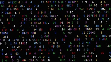 Multicolored numbers floating on black background, abstract tech scene