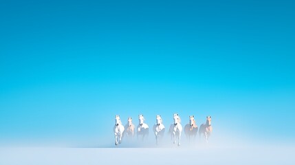 Poster - White Horses Running Across a Blue Sky Background