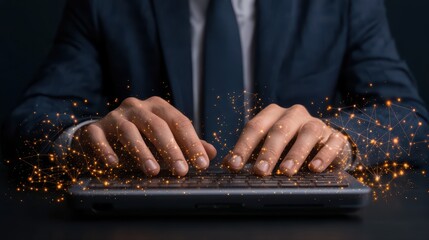 Poster - Hands typing on keyboard with digital effects in background