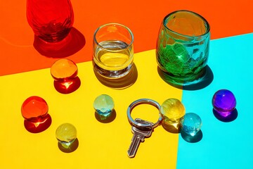 Poster - Still life of glasses, water beads, and keys on a vibrant multicolored surface creating a playful scene