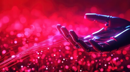 Poster - Futuristic robotic hand with neon lights in red background