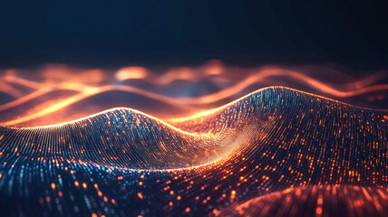 Fototapete - Abstract waves of glowing light with shimmering particles in a visually striking dark background representing digital technology and futuristic design concepts