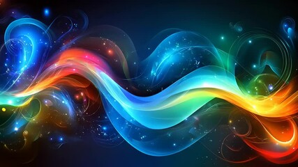 Wall Mural - Colorful flowing waves, light, and sparkles on a dark background