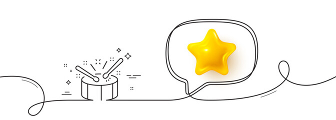 Poster - drums with drumsticks line icon. continuous line with 3d star. music sign. musical instrument symbol
