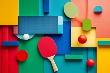 Poster - Colorful abstract composition with ping pong paddle and geometric shapes arrangement art
