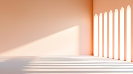 Poster - Abstract Peach Beige 3D Corridor Illustration with Sunlight Shadows