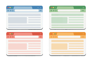 Isolated vector elements of a web browser window are presented, along with site template designs in multiple colors, and a website design mockup on a blue background