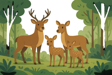 Naklejka na meble Deer family standing together in a serene and idyllic forest with abundant trees and greenery in flat vector illustration style