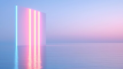 Poster - Pink And Blue Neon Lights Reflecting On Calm Ocean Water At Sunset