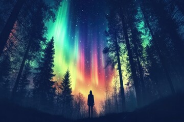 silhouetted figure awestruck by vibrant aurora borealis in a dark forest