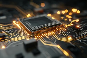 Poster - Close up view of a microchip with glowing pathways and blurred lights in the background design element