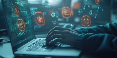 cyber security expert working on a laptop, digital data flows around the screen