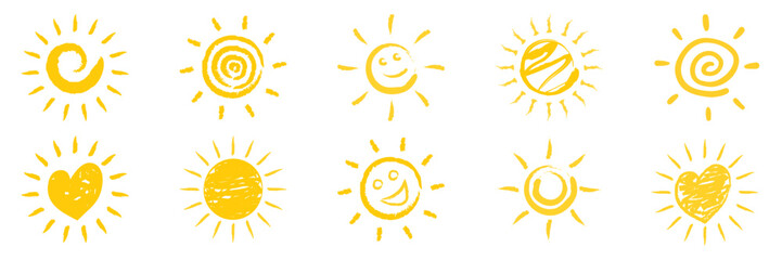 Set of abstract sun icons collection with various sun shapes and line styles, bright summer symbols, flat minimal design elements for weather forecast, travel logo and nature-themed concepts