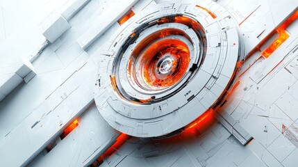 Poster - Abstract Technological Circular Structure, Futuristic Design, White and Orange Hues