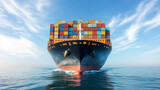 Massive cargo ship loaded with colorful containers, front view at sea
