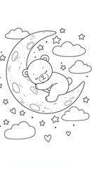  Cute bear sleeps peacefully on the moon surrounded by stars and clouds in black outline.
