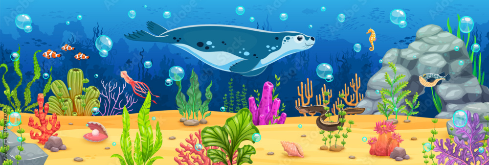 Cartoon underwater landscape game background with seal, vector fishes ...