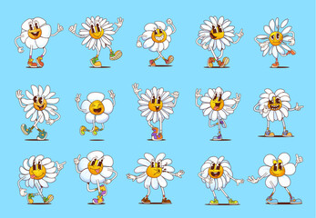 Poster - funny groovy daisy chamomile flowers characters. vector set of cheerful, blossoms or blooms, hippie 