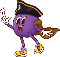 Fototapete - Cartoon groovy plum pirate and corsair fruit character wearing cape and captain hat with crossbones, joyfully pointing with a cheerful expression. Isolated vector whimsical and playful fruit rover