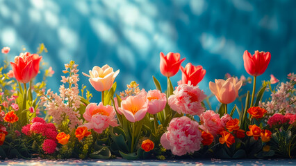 Poster - Vibrant flower arrangement in a sunny setting showcasing tulips and daisies