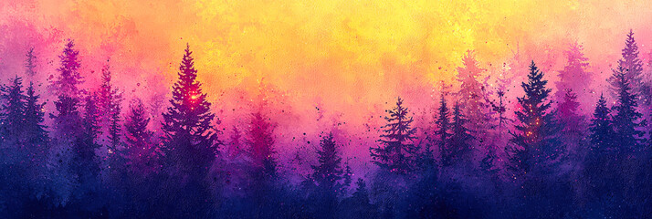 Aufkleber - The forest is bathed in the warm colors of sunset, with tall trees silhouetted against a stunning gradient sky. The tranquil scene evokes a sense of peace and beauty in nature