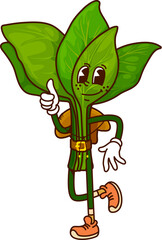 Poster - Cartoon groovy spinach cowboy vegetable and bandit character. Funny vector courageous western green food ranger, sheriff, robber personage with hat, belt and retro hippie sneakers pointing with finger
