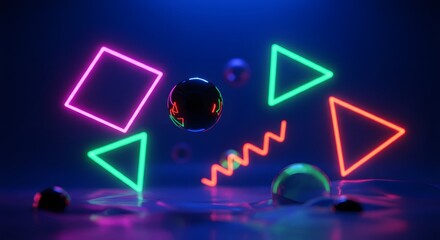 Poster - Colorful neon geometric shapes floating in dark space