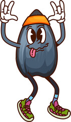 Poster - Cartoon groovy sunflower seed character strikes a quirky pose with tongue sticking out and rock gesture, exuding happy y2k hippie vibe. Isolated vector retro nut and grain healthy food personage