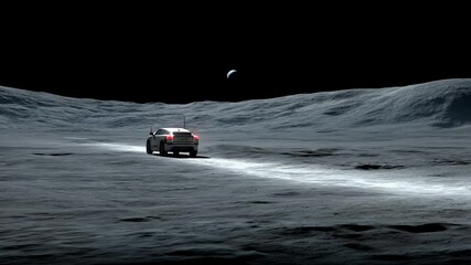 Poster - Motor Vehicle Travels Across Lunar Surface Toward Distant Planet Generative AI