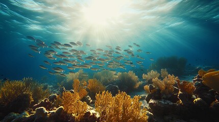 Sunlight filters through a vibrant coral reef teeming with fish.
